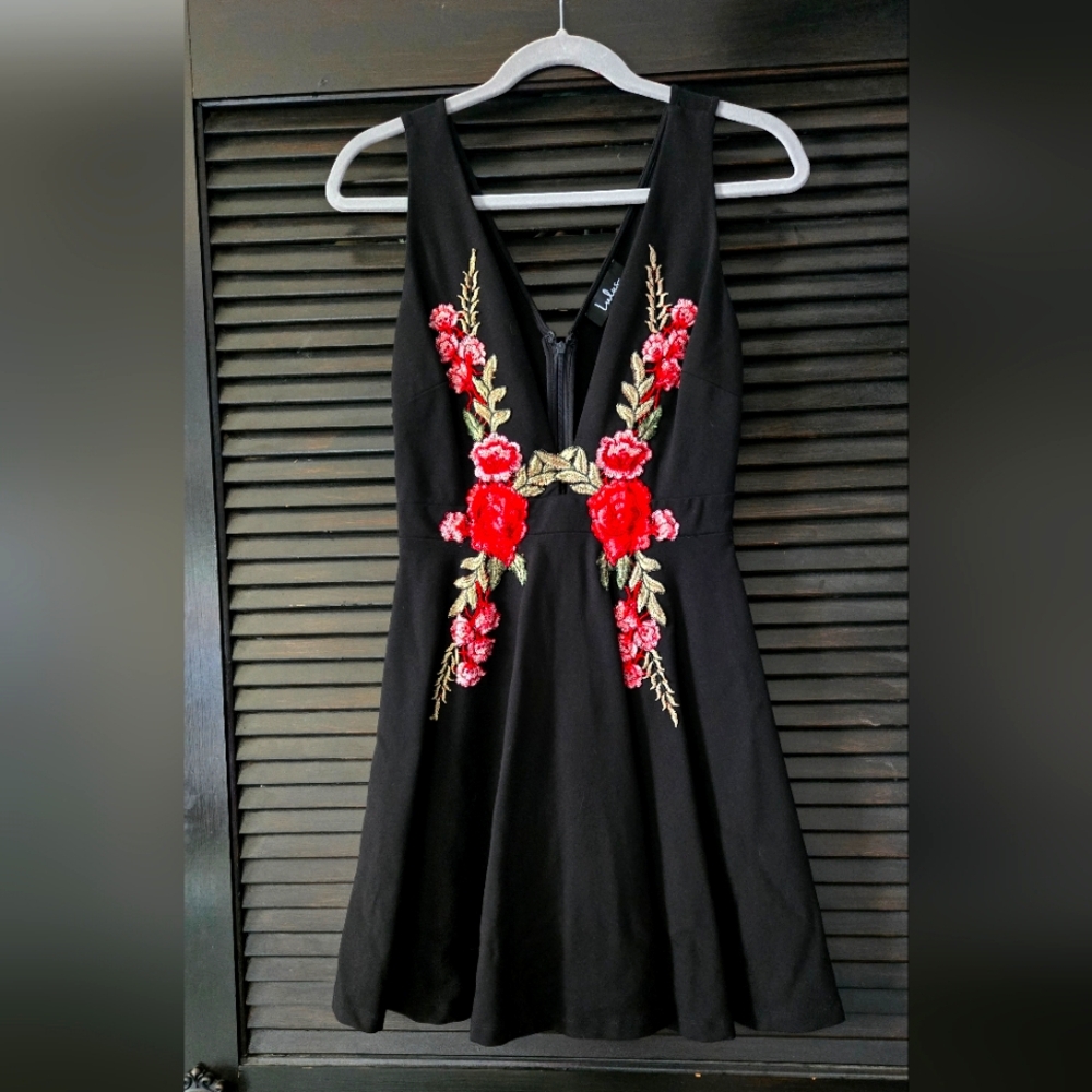LAST CALL: Lulu's Black Dress with Red Floral Embroidery